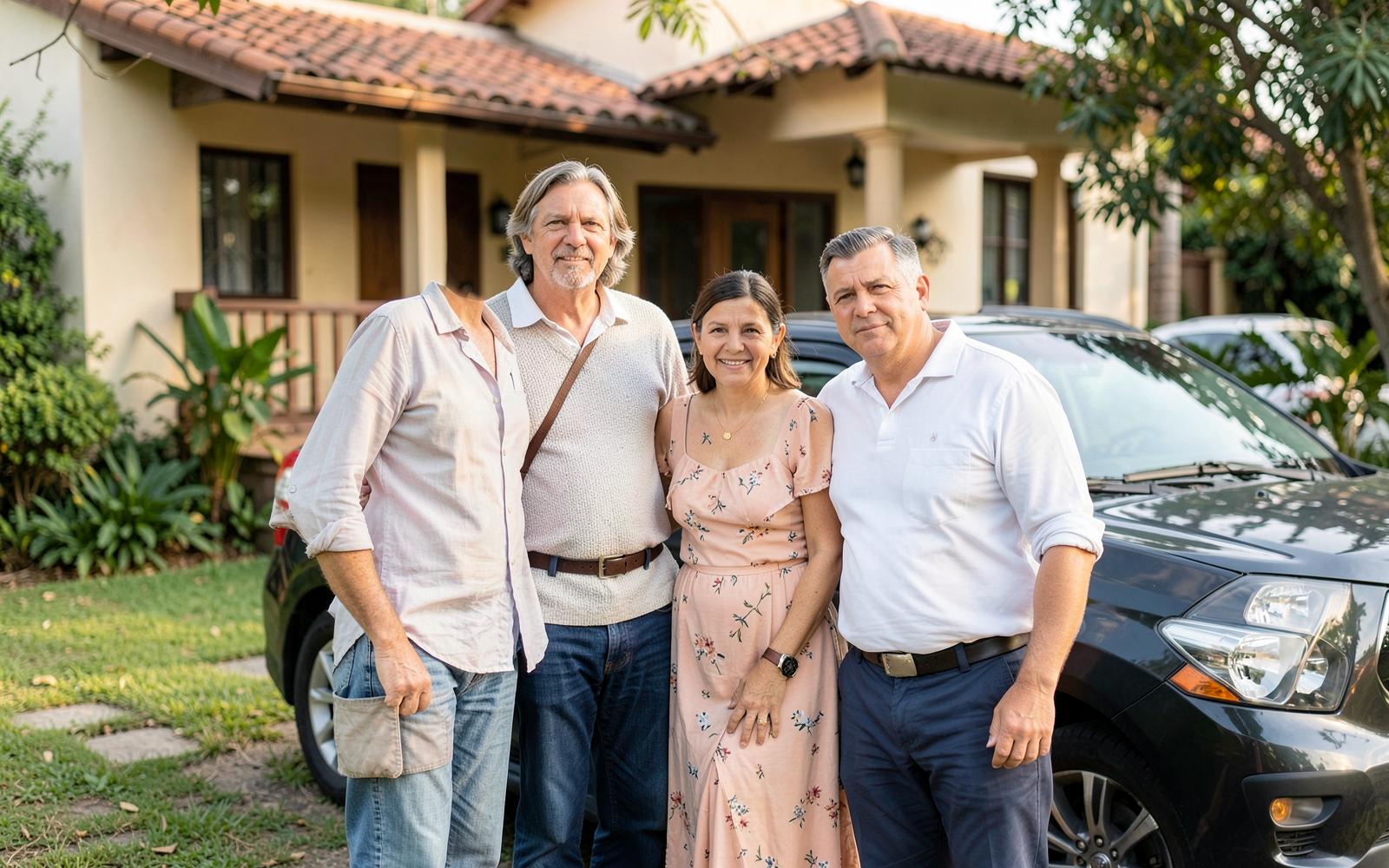 Família brasileira em frente à sua casa, representando patrimônio protegido