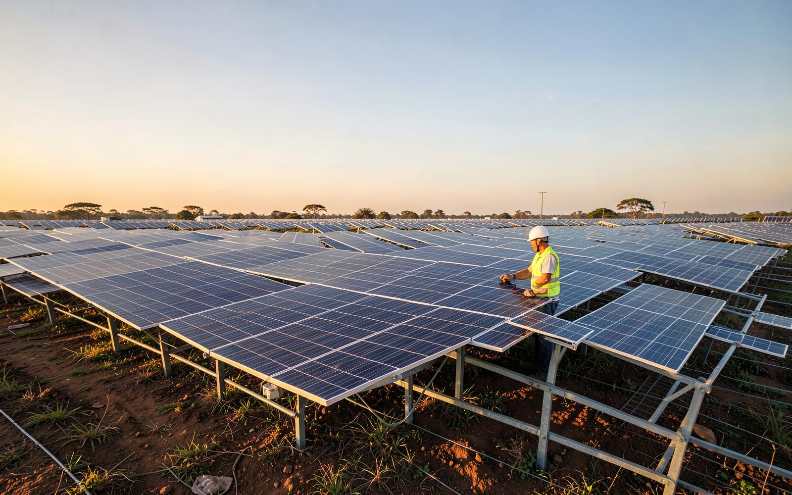 Usina fotovoltaica ao entardecer com engenheiro inspecionando os módulos